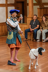 Launce in raggy blue coat, orange Jacobean breeches, red striped shin-high socks, and purple hat holds up his shoe with the hole in the sole to the audience as he holds in his other hand a leash to a white hound with droopy black ears, 