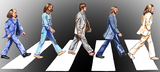 Beatles and Shakespeare on Crosswalk Cartoons by Deano caricature of the Beatles on a crosswalk, a la Abbey Road cover, with William Shakespeare as the fifth Beatle.